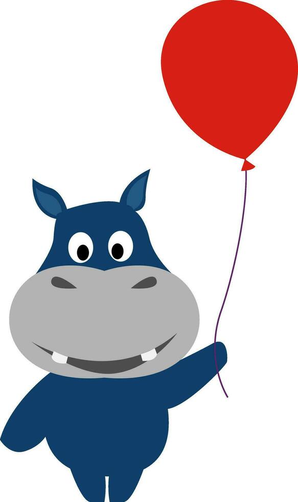 Baby hippo with balloon, illustration, vector on white background.
