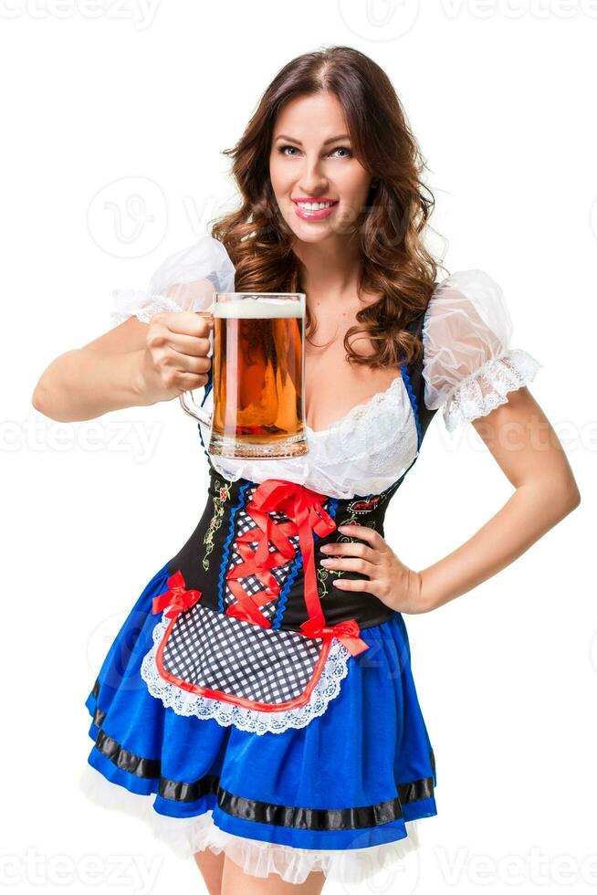 Beautiful young brunette girl of oktoberfest beer stein photo