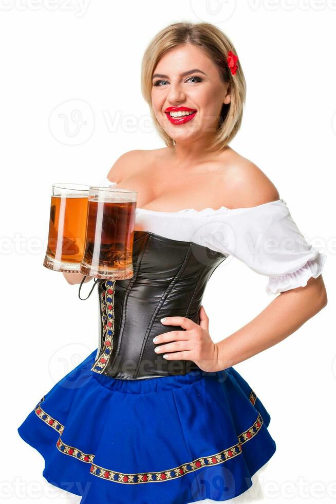 hermosa joven rubio niña de Oktoberfest cerveza Stein foto