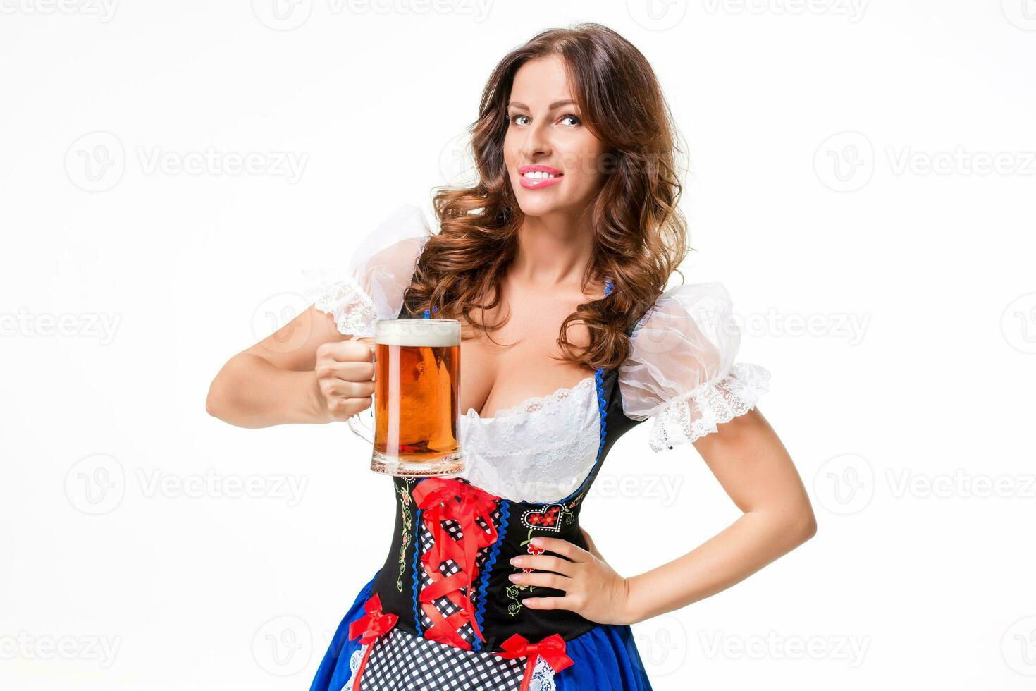 Beautiful young brunette girl of oktoberfest beer stein photo