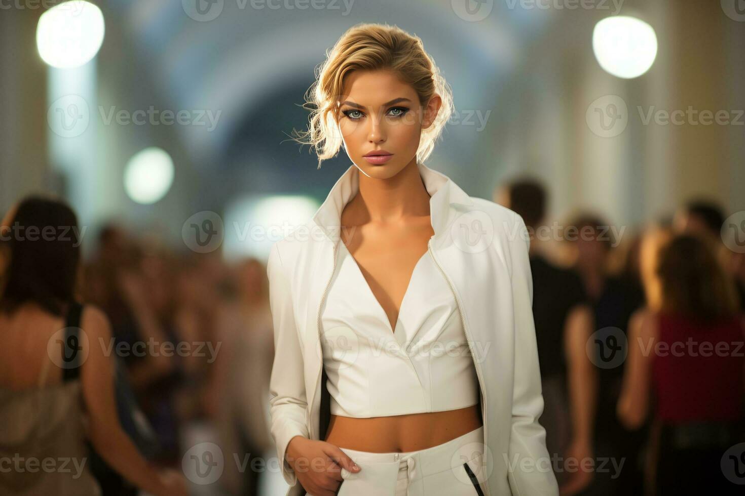 ai generado hembra Moda modelo en pasadizo evento. generativo ai foto