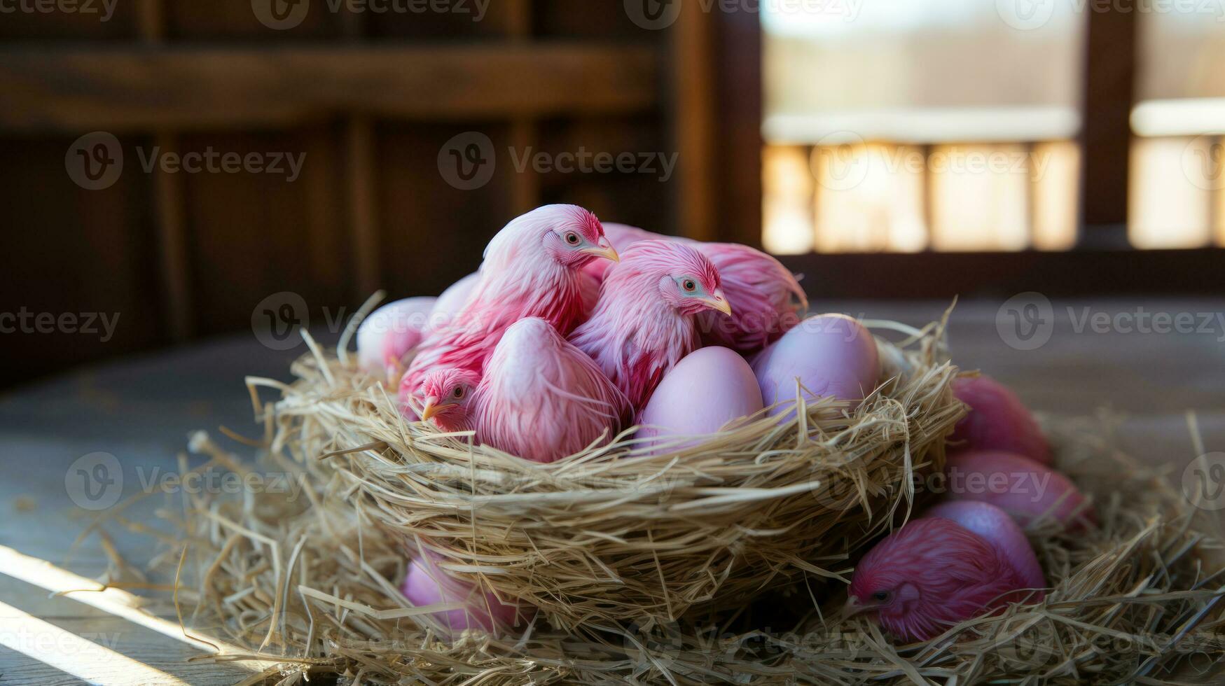 AI generated Cute pink hatched chick with eggs in a straw nest. photo