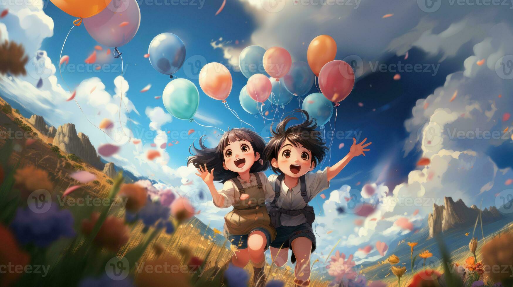 AI generated Anime character two kids running with balloons in meadow. photo