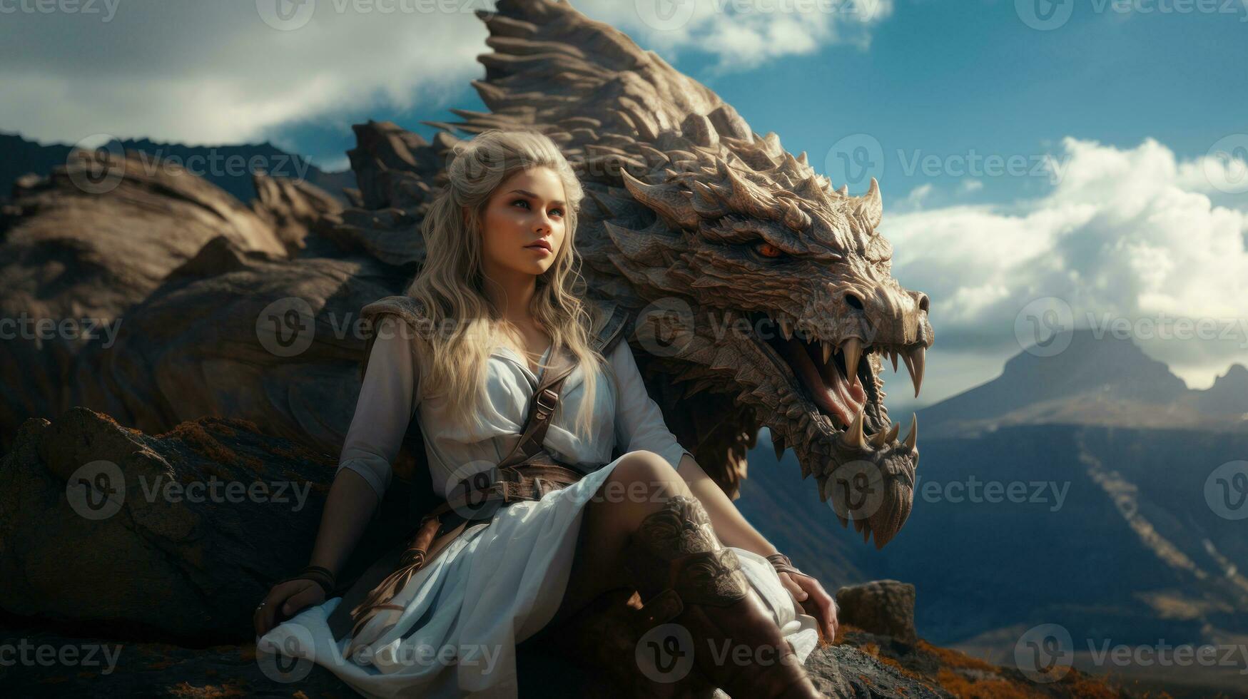 AI generated Fantasy portrait woman warrior queen with ancient dragon. Warlike Girl princess. photo