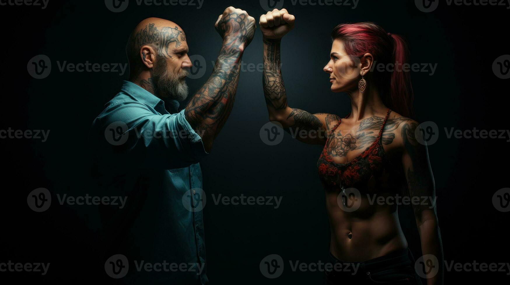 AI generated Brutal tattooed couple salute with fists. Salutating each other with bumping fist. photo