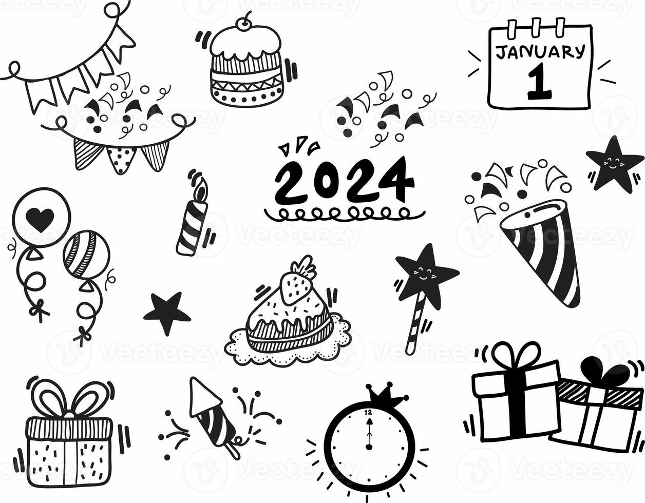 Happy New Years 2024 doodle art hand drawn set photo