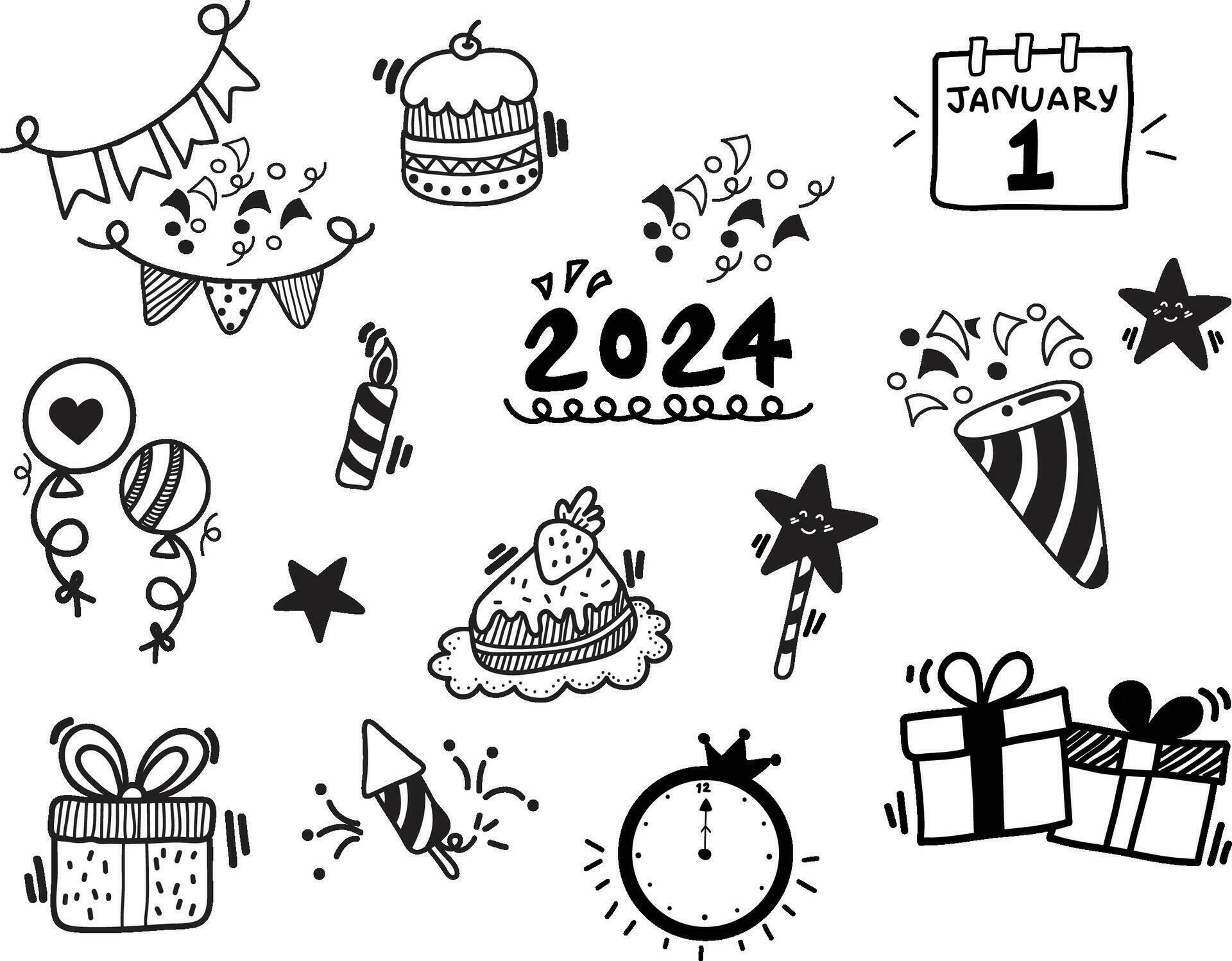 Happy New Years 2024 doodle art hand drawn set 35421282 Vector Art at