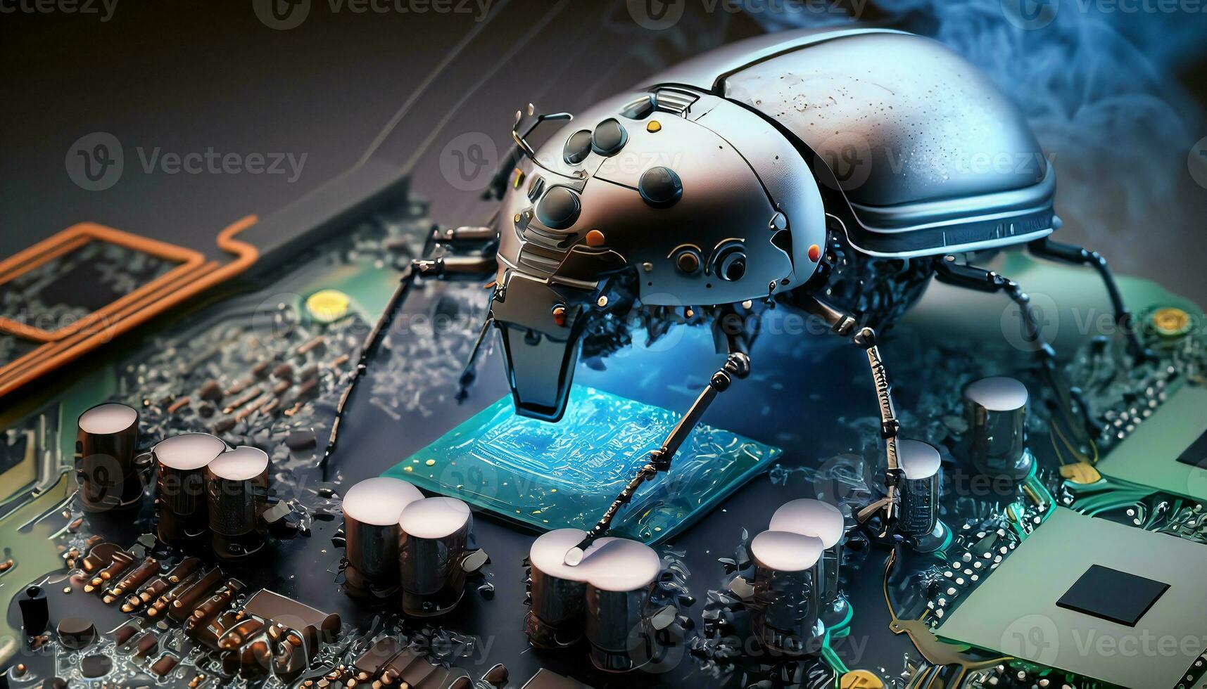AI generated Beetle attacks and destroys electronics. Concept of computer virus and malicious software code. photo