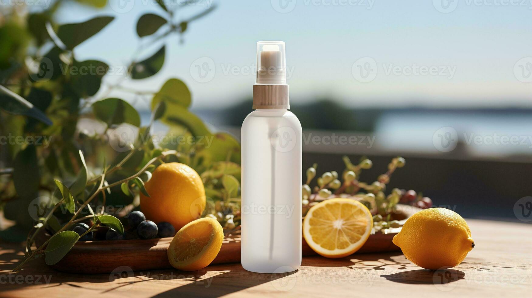 AI generated Summer season moisturizer spray in lemons ai generated bottle mockup photo