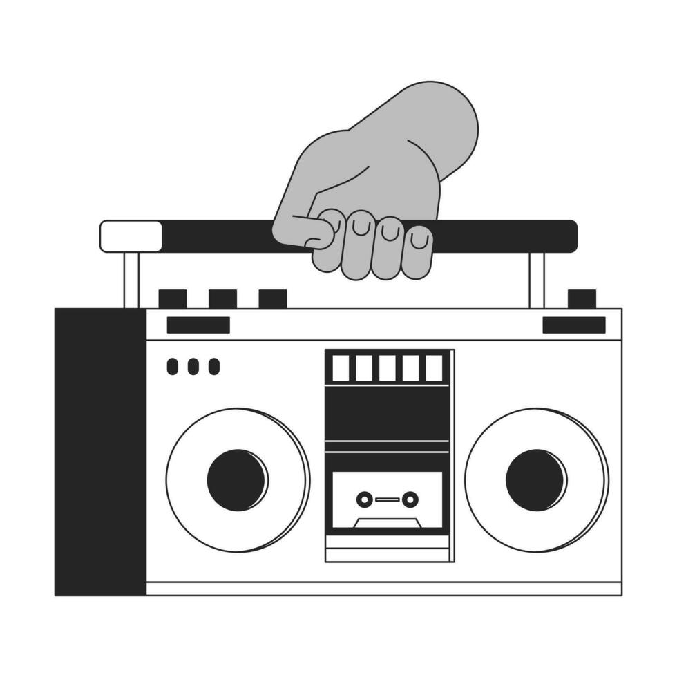 participación audio boombox dibujos animados humano mano contorno ilustración. que lleva auge caja 2d aislado negro y blanco vector imagen. Anticuado equipo con cinta casete plano monocromo dibujo acortar Arte