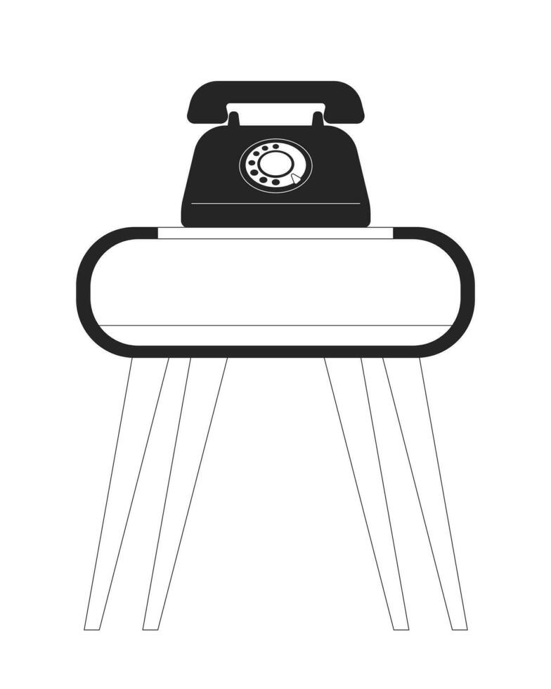 Retro telephone table stand black and white 2D line cartoon object. Vintage dial phone standing on nightstand isolated vector outline item. Telecommunication old monochromatic flat spot illustration