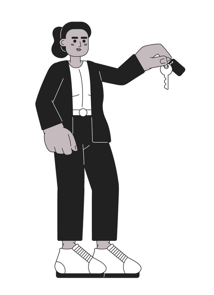 africano americano negocio mujer traje dando llave negro y blanco 2d dibujos animados personaje. negro hembra profesional aislado vector contorno persona. propiedad gerente monocromo plano Mancha ilustración