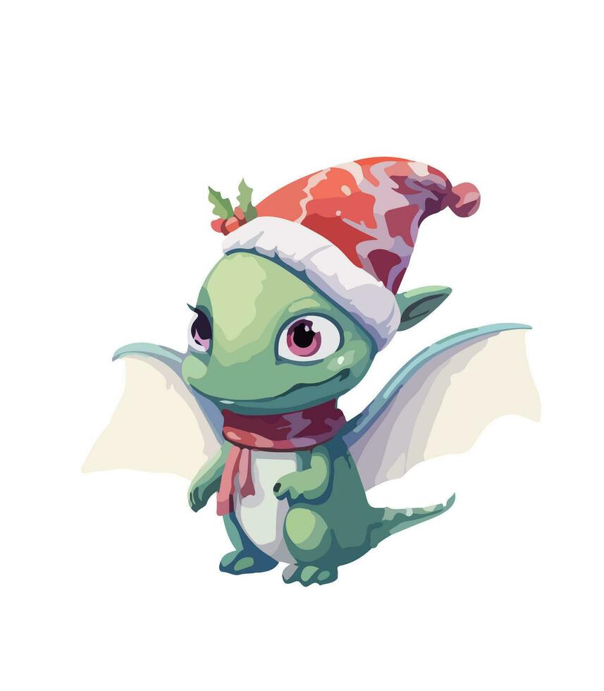 AI generated Vector cute Christmas dragon. Symbol of the New Year. Dinosaur illustration in watercolor style isolated on white background.