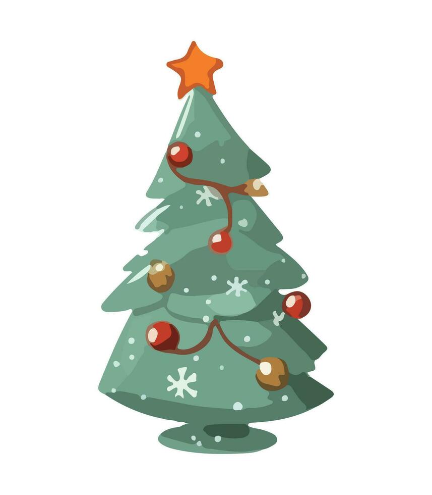 AI generated Vector illustration of decorated Christmas tree in snow on white background. Green fluffy xmas pine, isolated on white background. Cute Christmas tree in cartoon watercolor style.