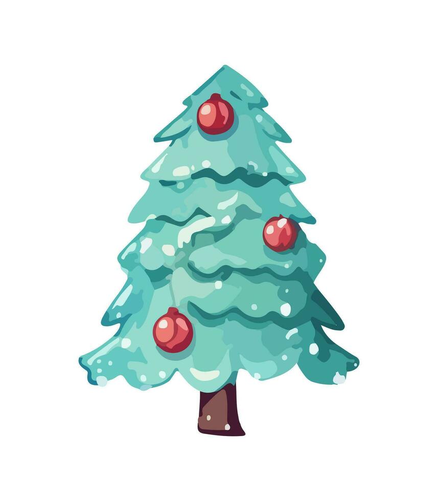 AI generated Vector illustration of decorated Christmas tree in snow on white background. Green fluffy xmas pine, isolated on white background. Cute Christmas tree in cartoon watercolor style.