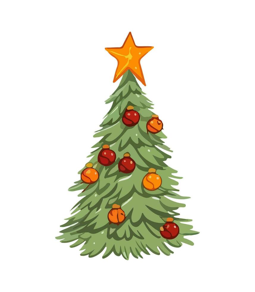 AI generated Vector illustration of decorated Christmas tree in snow on white background. Green fluffy xmas pine, isolated on white background. Cute Christmas tree in cartoon watercolor style.