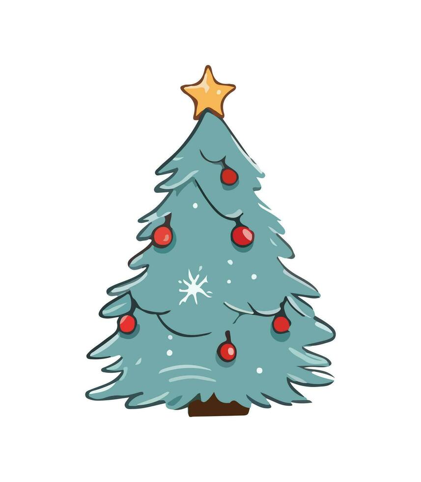 AI generated Vector illustration of decorated Christmas tree in snow on white background. Green fluffy xmas pine, isolated on white background. Cute Christmas tree in cartoon watercolor style.