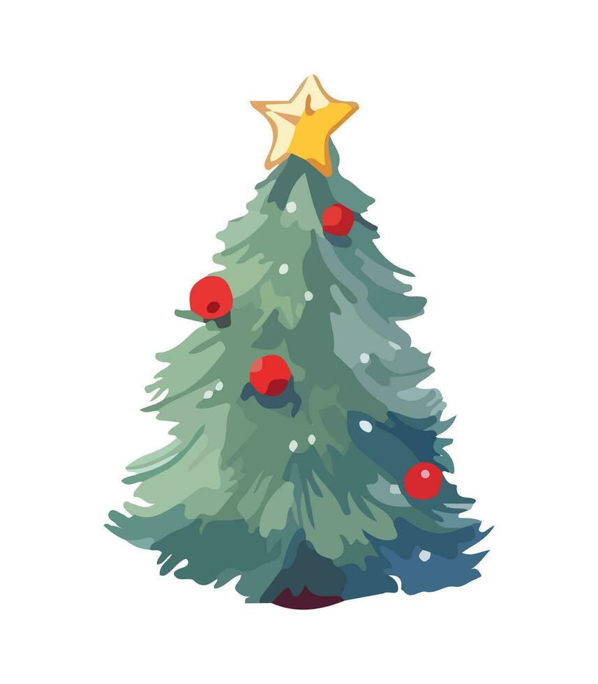 AI generated Vector illustration of decorated Christmas tree in snow on white background. Green fluffy xmas pine, isolated on white background. Cute Christmas tree in cartoon watercolor style.