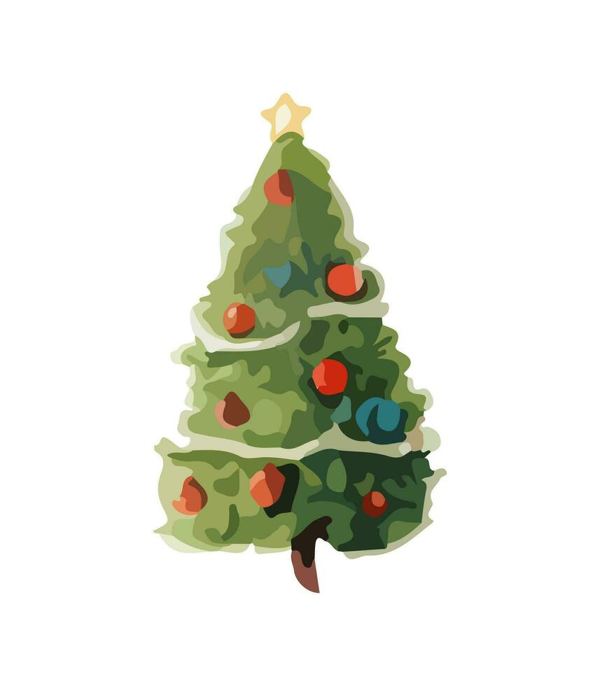 AI generated Vector illustration of decorated Christmas tree in snow on white background. Green fluffy xmas pine, isolated on white background. Cute Christmas tree in cartoon watercolor style.