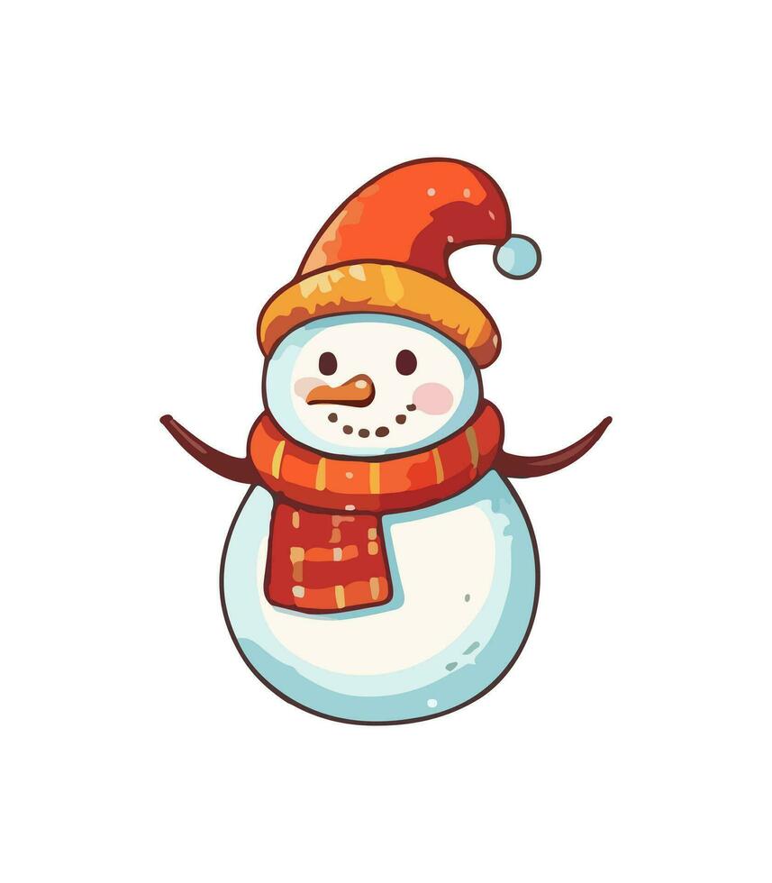 AI generated Snowman with a scarf, gloves and hat isolated in a white background in cartoon watercolor style. Flat design. Vector illustration.