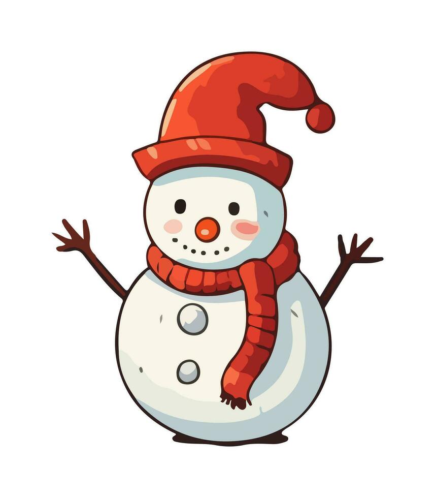 AI generated Snowman with a scarf, gloves and hat isolated in a white background in cartoon watercolor style. Flat design. Vector illustration.