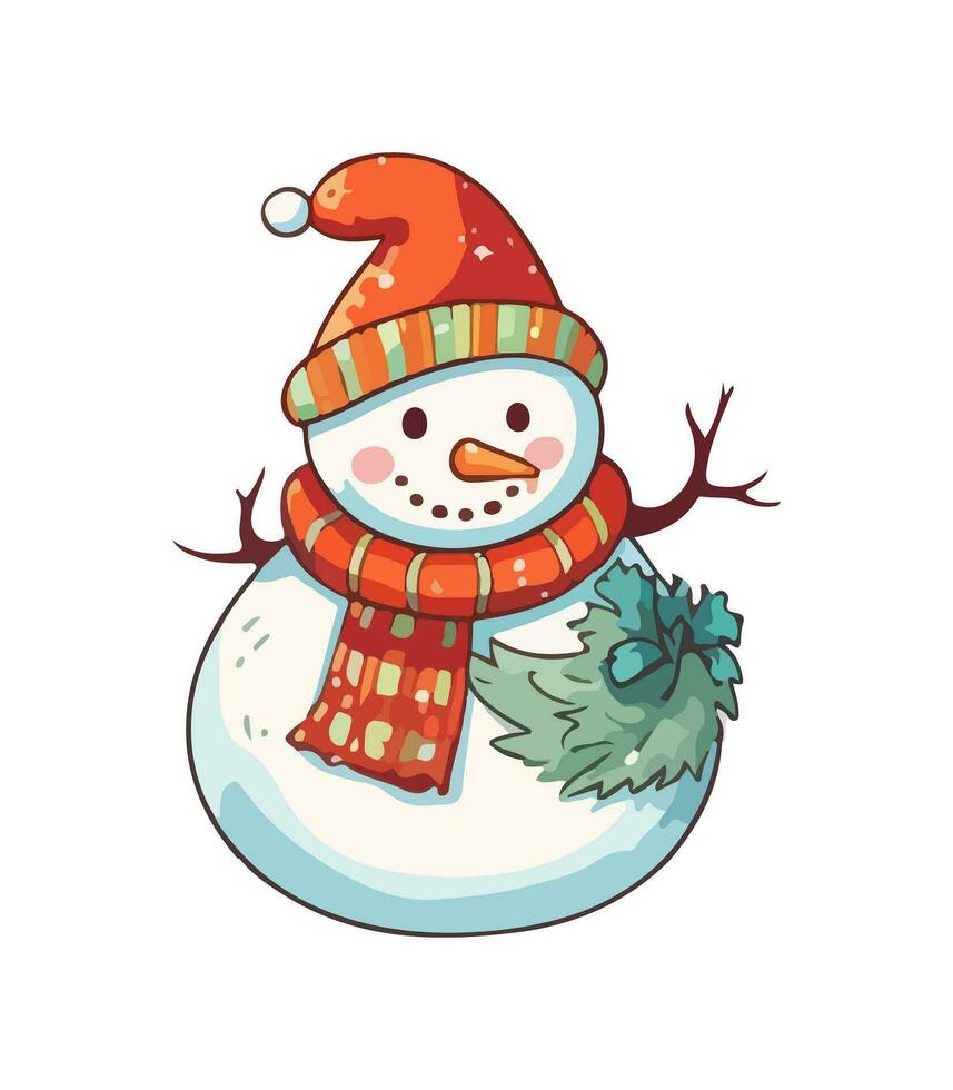 AI generated Snowman with a scarf, gloves and hat isolated in a white background in cartoon watercolor style. Flat design. Vector illustration.