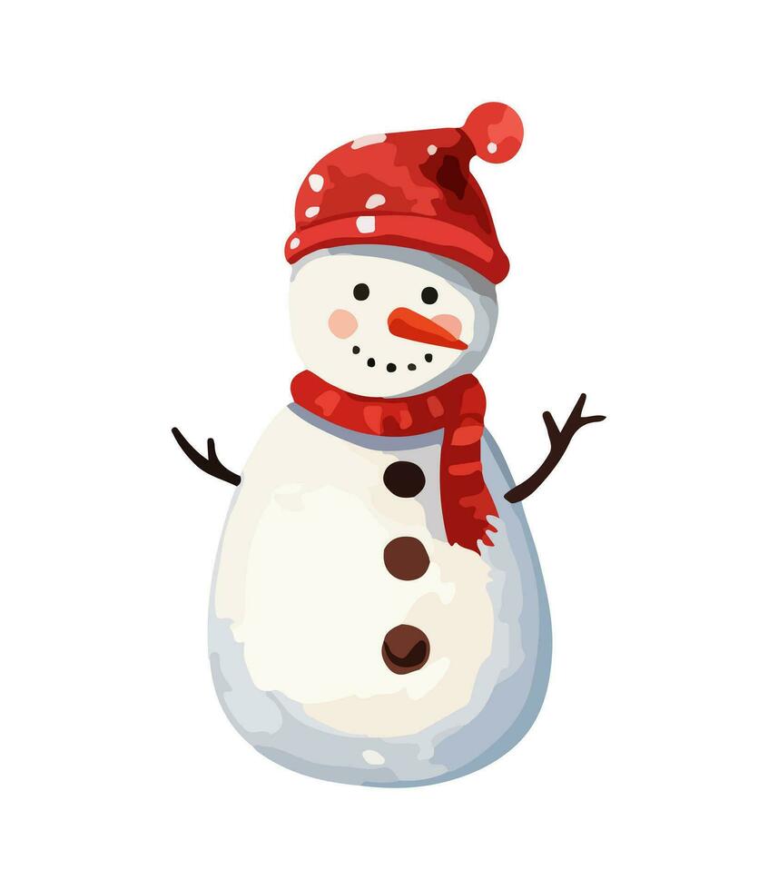 AI generated Snowman with a scarf, gloves and hat isolated in a white background in cartoon watercolor style. Flat design. Vector illustration.