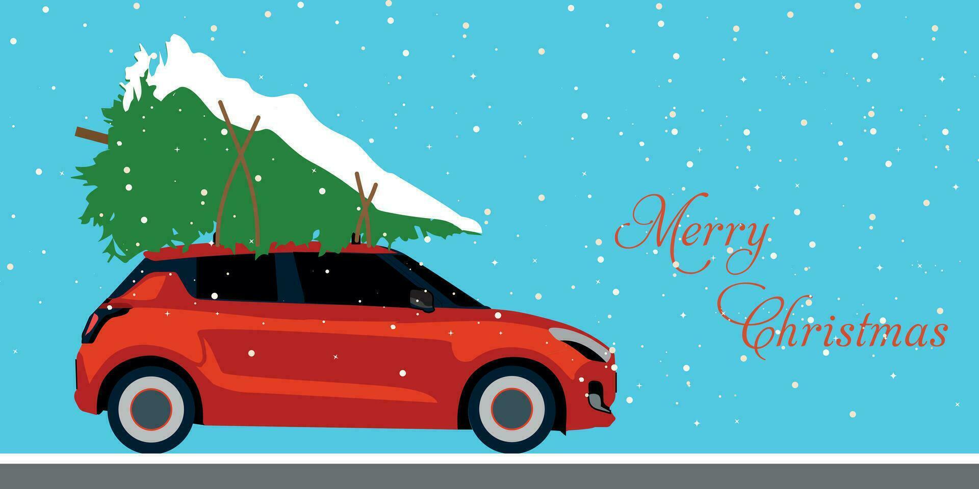 Merry Christmas and Happy New Year postcard or poster or flyer template with car carrying Christmas tree. vector
