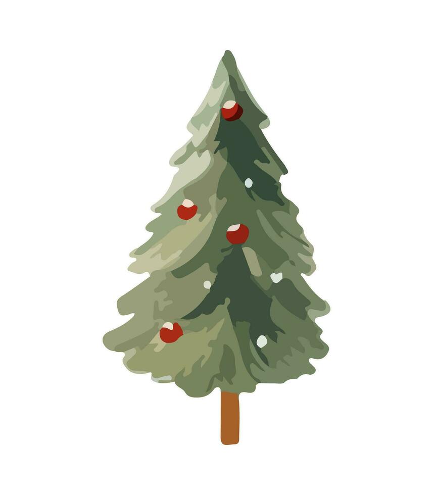 AI generated Vector illustration of decorated Christmas tree. Green fluffy xmas pine, isolated on white background. Cute Christmas tree in cartoon watercolor style.