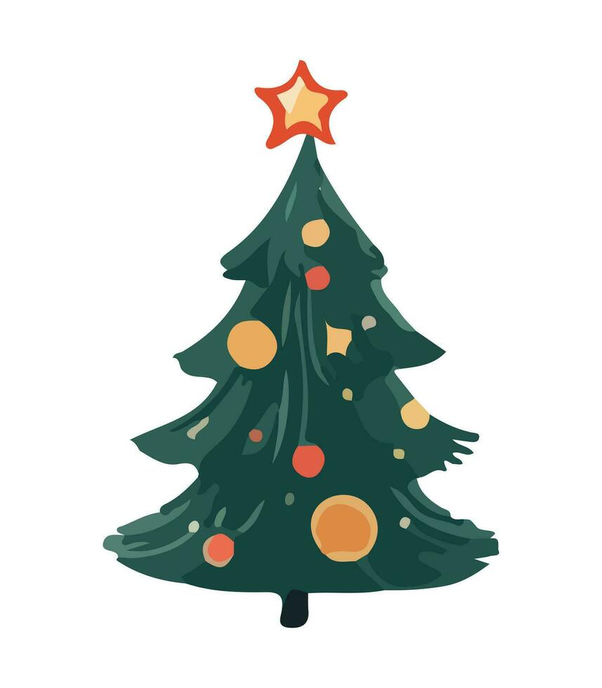 AI generated Vector illustration of decorated Christmas tree. Green fluffy xmas pine, isolated on white background. Cute Christmas tree in cartoon watercolor style.