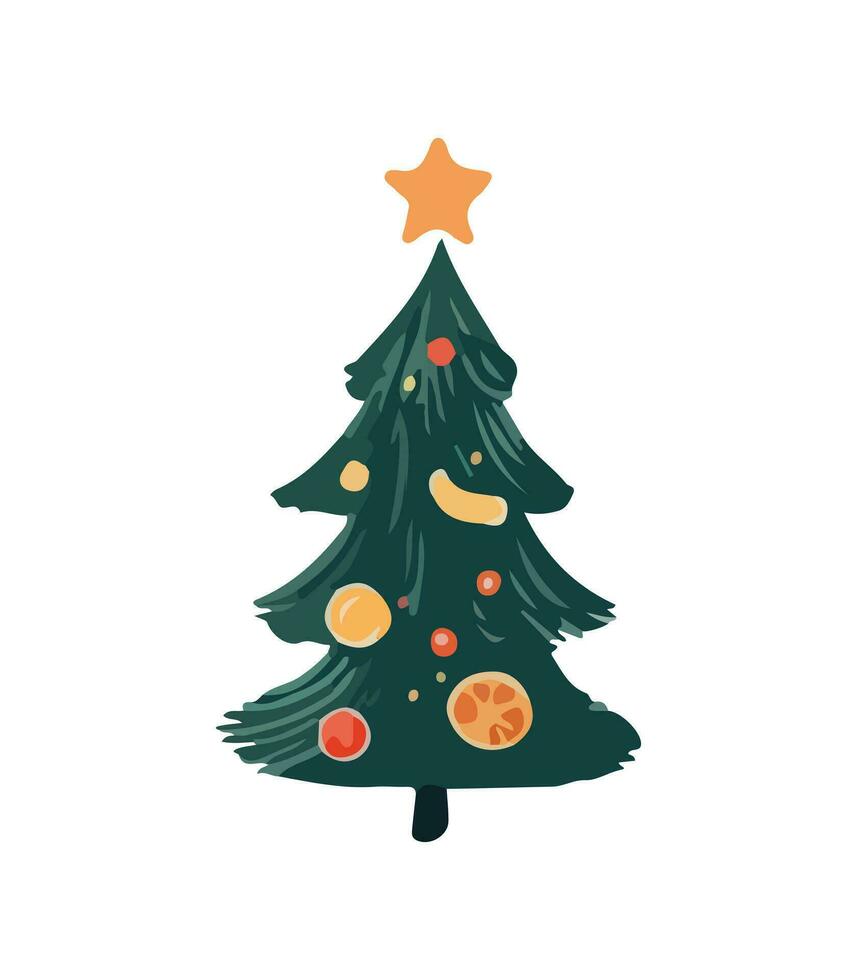 AI generated Vector illustration of decorated Christmas tree. Green fluffy xmas pine, isolated on white background. Cute Christmas tree in cartoon watercolor style.