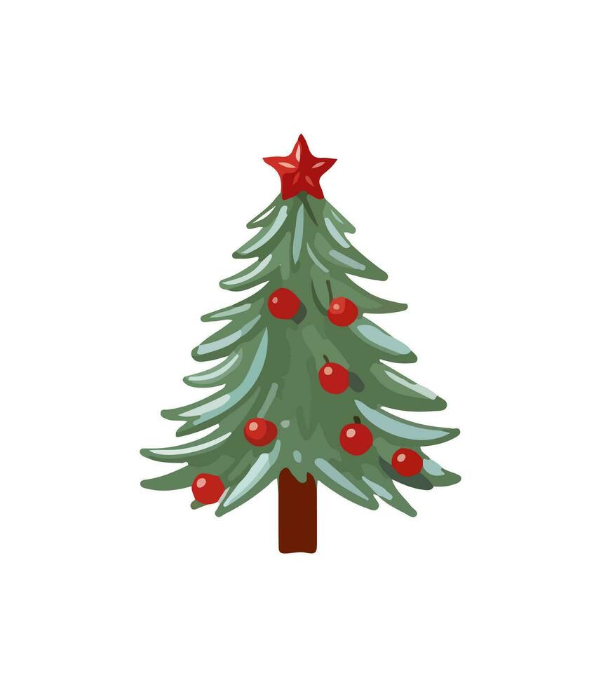 AI generated Vector illustration of decorated Christmas tree. Green fluffy xmas pine, isolated on white background. Cute Christmas tree in cartoon watercolor style.