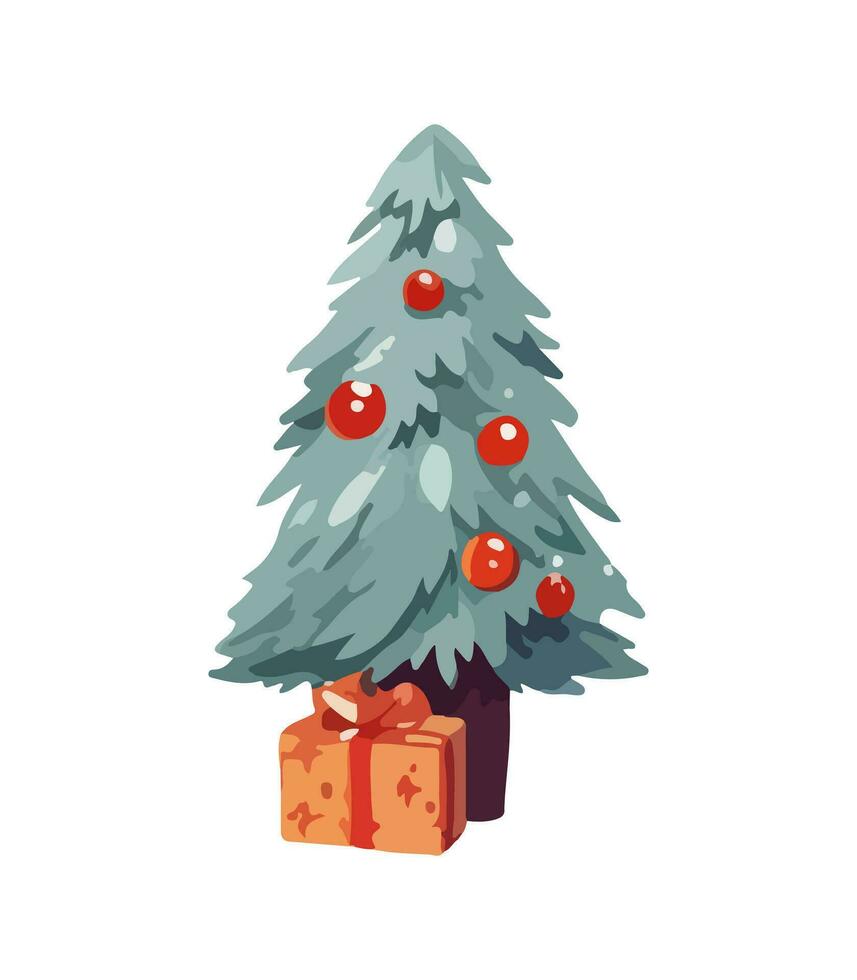 AI generated Vector illustration of decorated Christmas tree. Green fluffy xmas pine, isolated on white background. Cute Christmas tree in cartoon watercolor style.