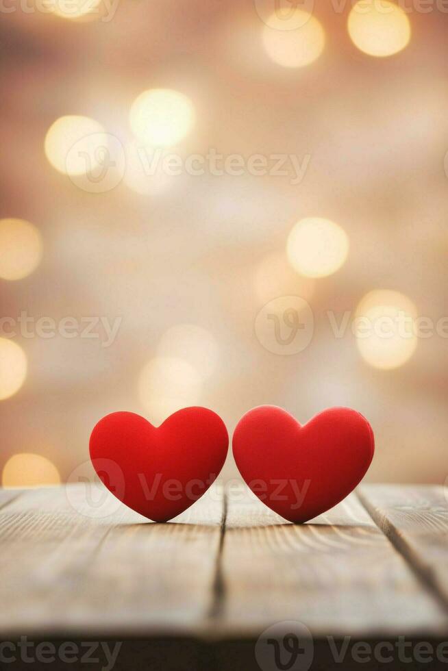 ai generado par de rojo corazones en un de madera superficie con un romántico suave fondo foto