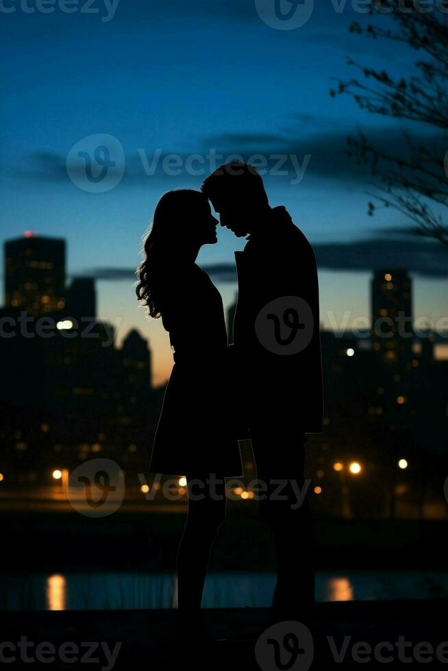 AI generated Young Pair Silhouetted in a Romantic Embrace Against Urban Skyline Background photo