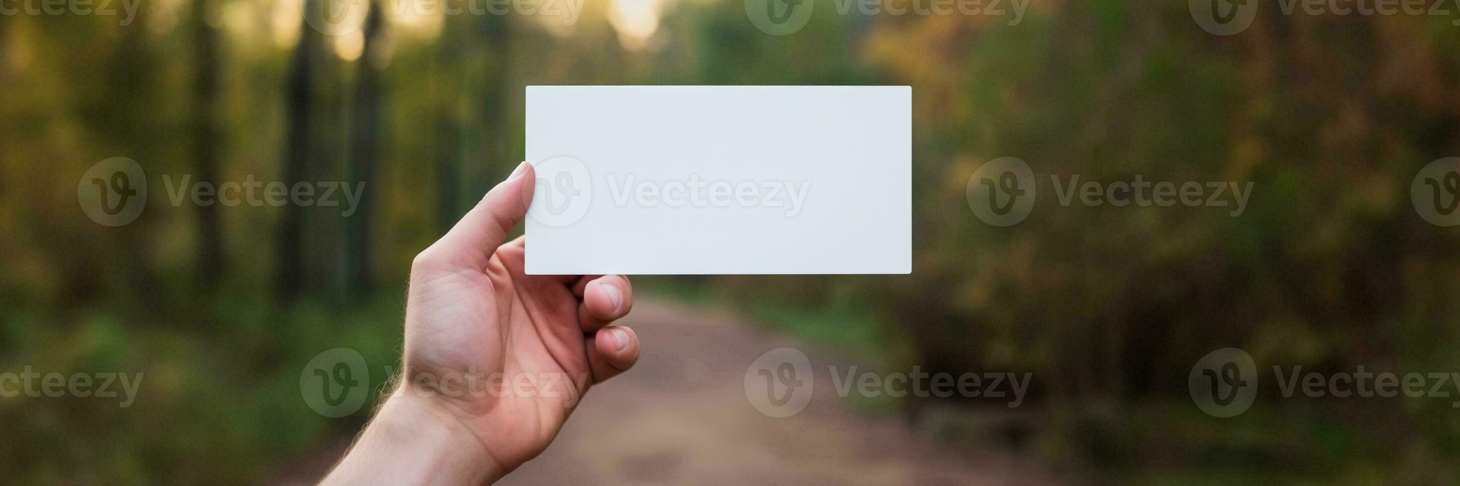 AI generated Female Hand Holding Empty Card for Custom Message Presentation photo