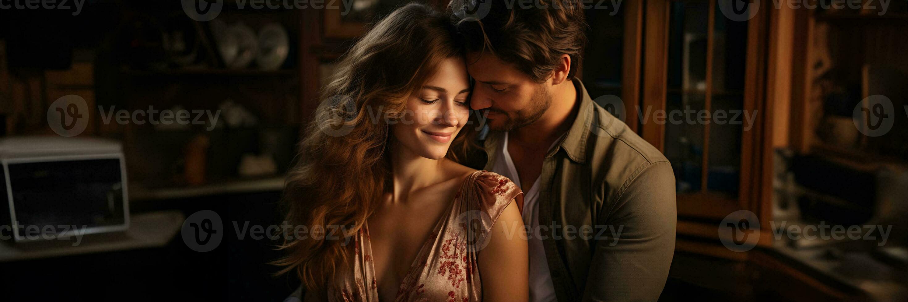 AI generated Young Pair Cuddled Together with Eyes Shut While Seated at Home photo
