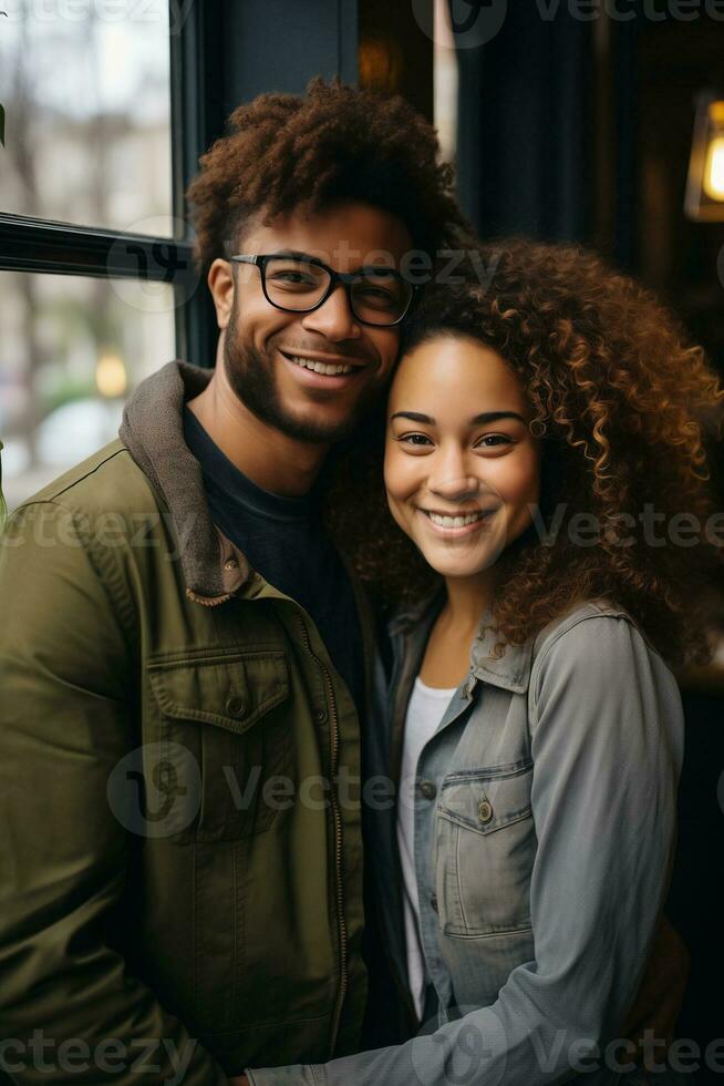 AI generated Multicultural Couple Hugging Near Window in Tender Embrace for Picture photo