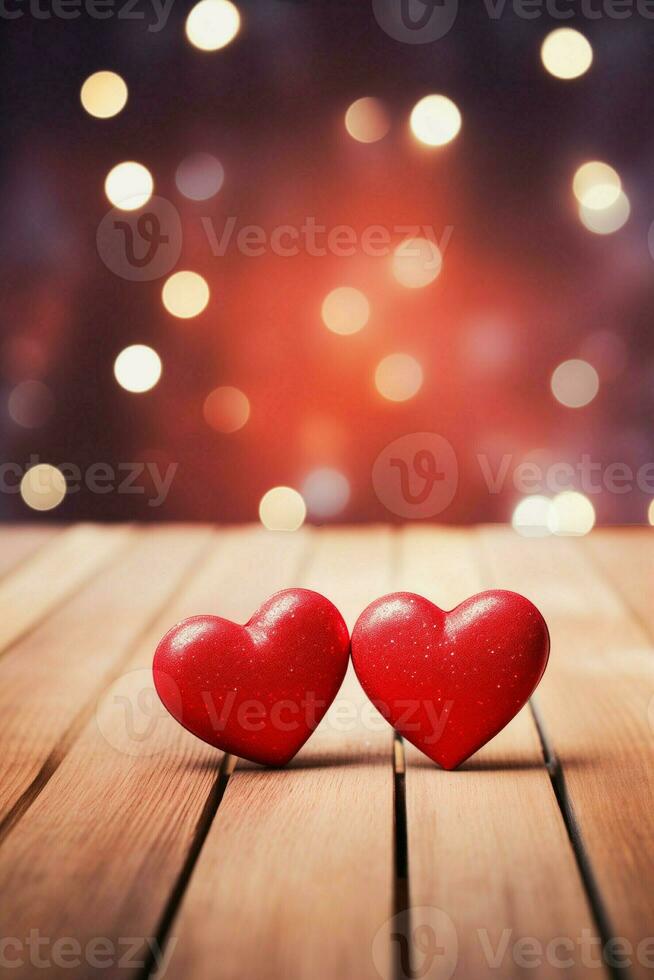 AI generated Pair of Red Hearts on a Wooden Table with a Romantic Soft Backdrop photo