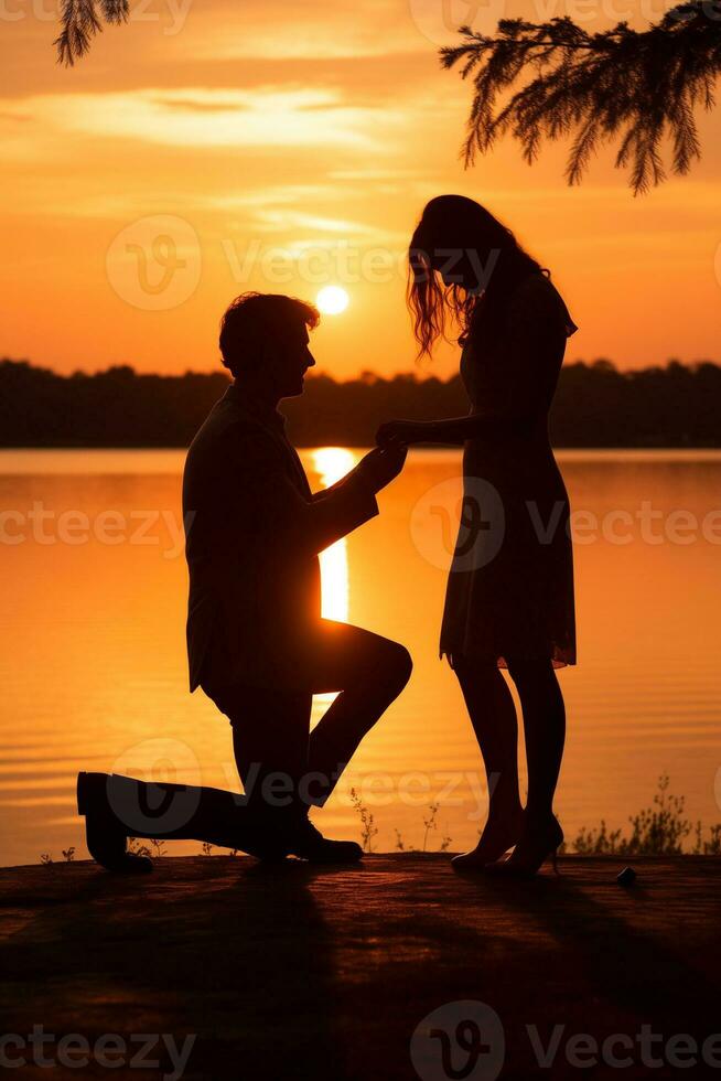 AI generated Romantic Sunset Wedding Proposal, Young Man Proposing to Girlfriend photo
