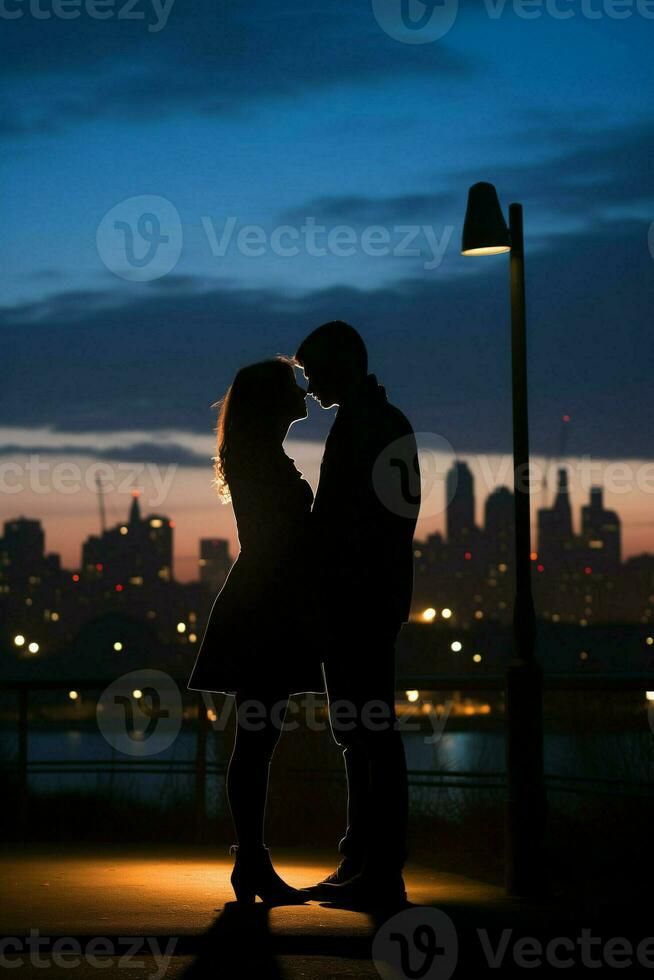 AI generated Young Couples Silhouette Enjoying a Romantic Moment Against Urban Skyline Background photo