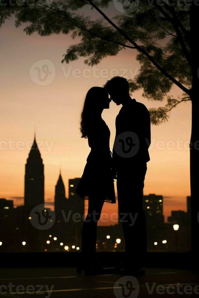 AI generated Youthful Couple Silhouetted in a Romantic Embrace Against an Urban Skyline photo