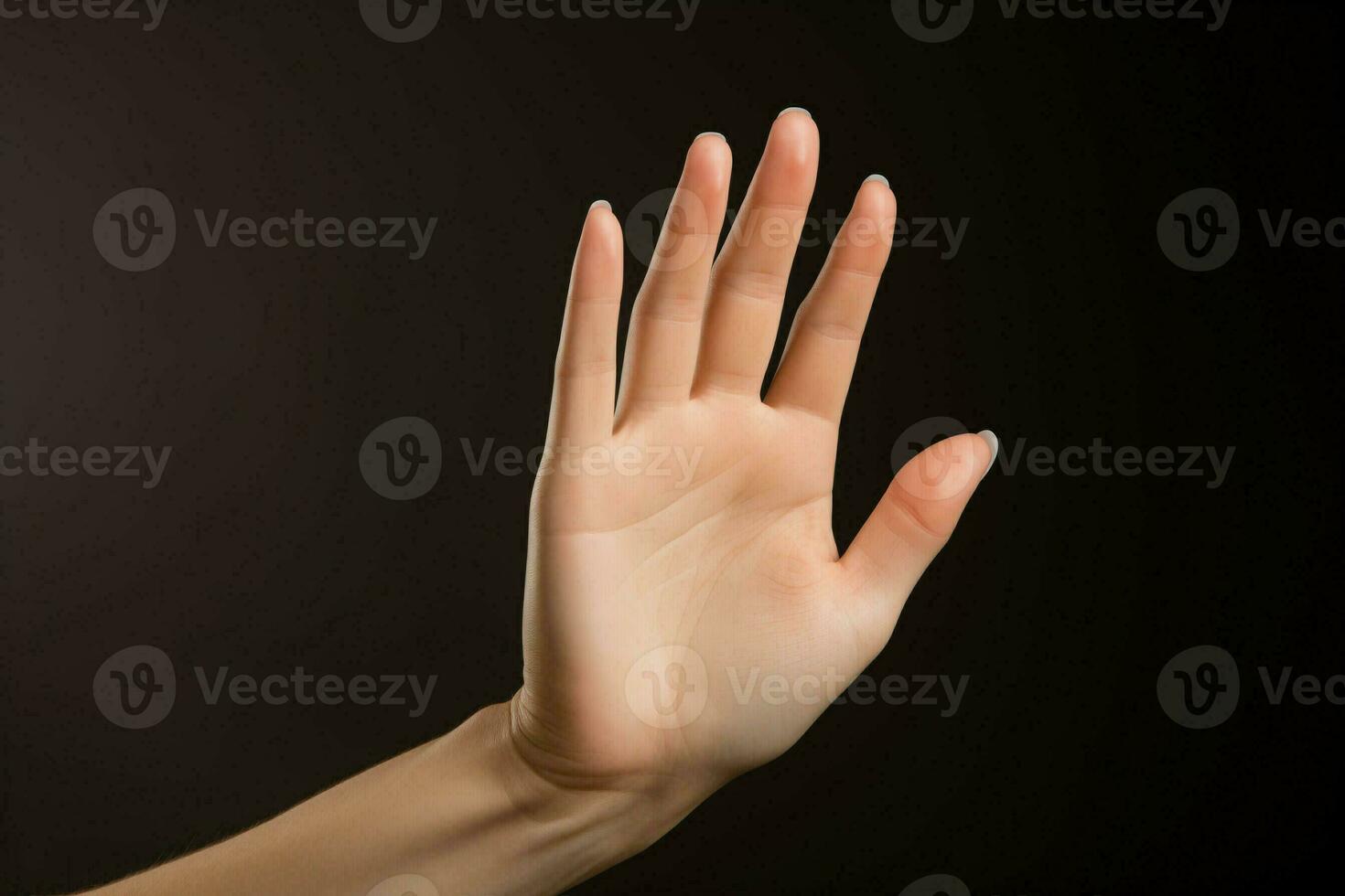 AI generated Female open hand displaying unseen item against plain backdrop photo