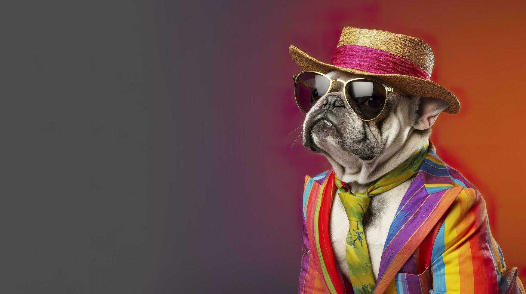 AI generated Cool looking bulldog wearing funky fashion dress. space for text right side. AI Generated photo