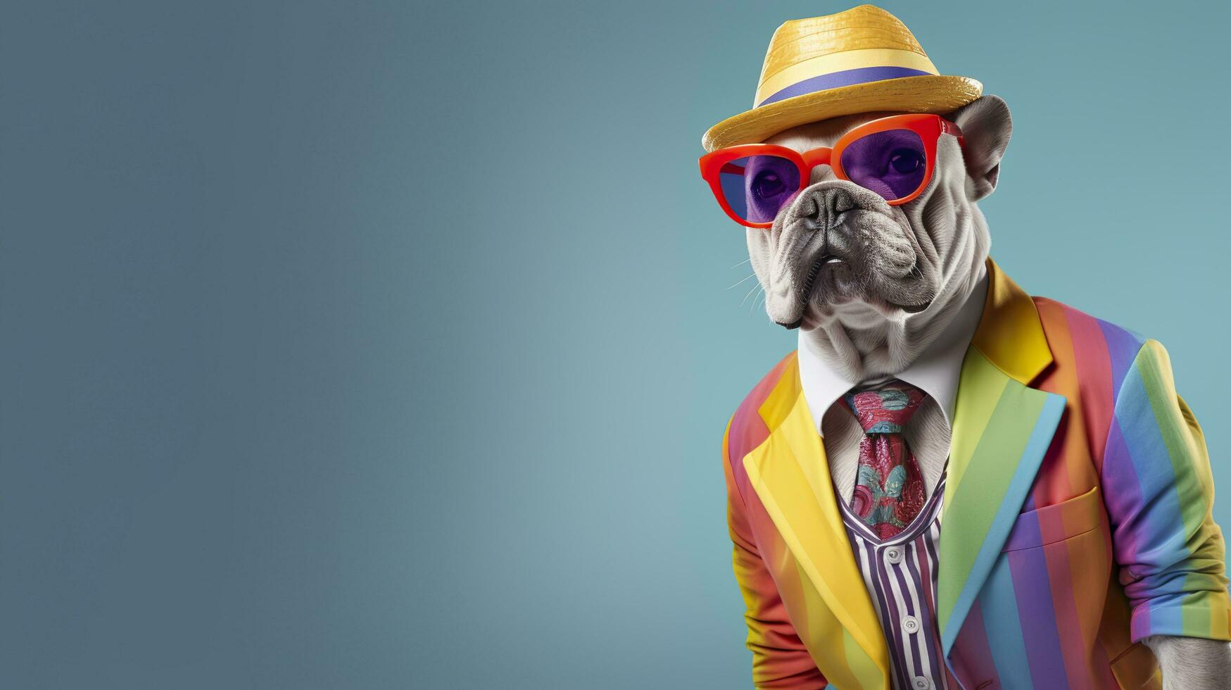 AI generated Cool looking bulldog wearing funky fashion dress. space for text right side. AI Generated photo