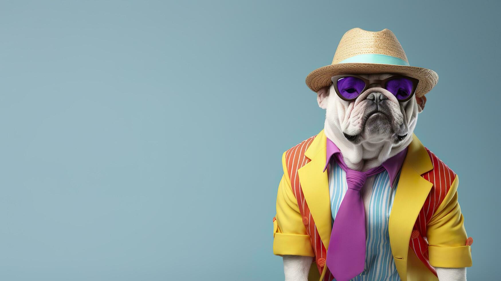 AI generated Cool looking bulldog wearing funky fashion dress. space for text right side. AI Generated photo