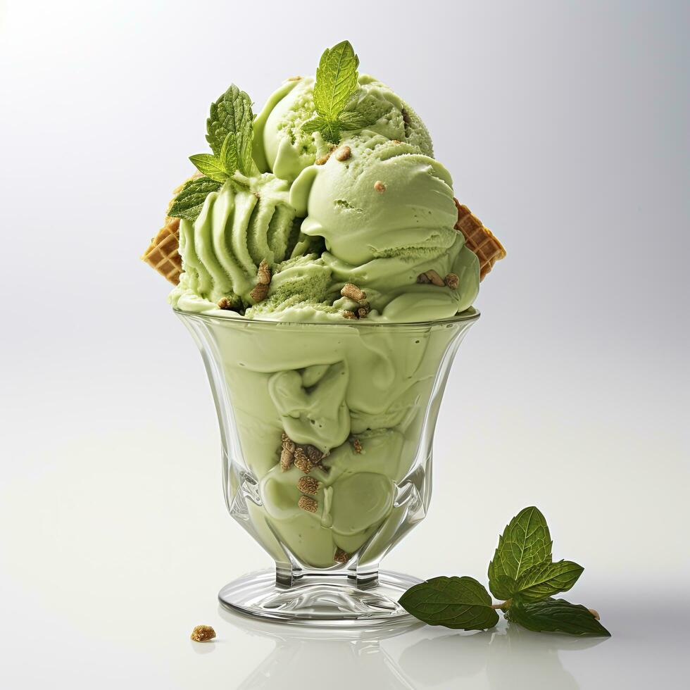 AI generated Matcha ice cream dessert on white background. AI Generated photo