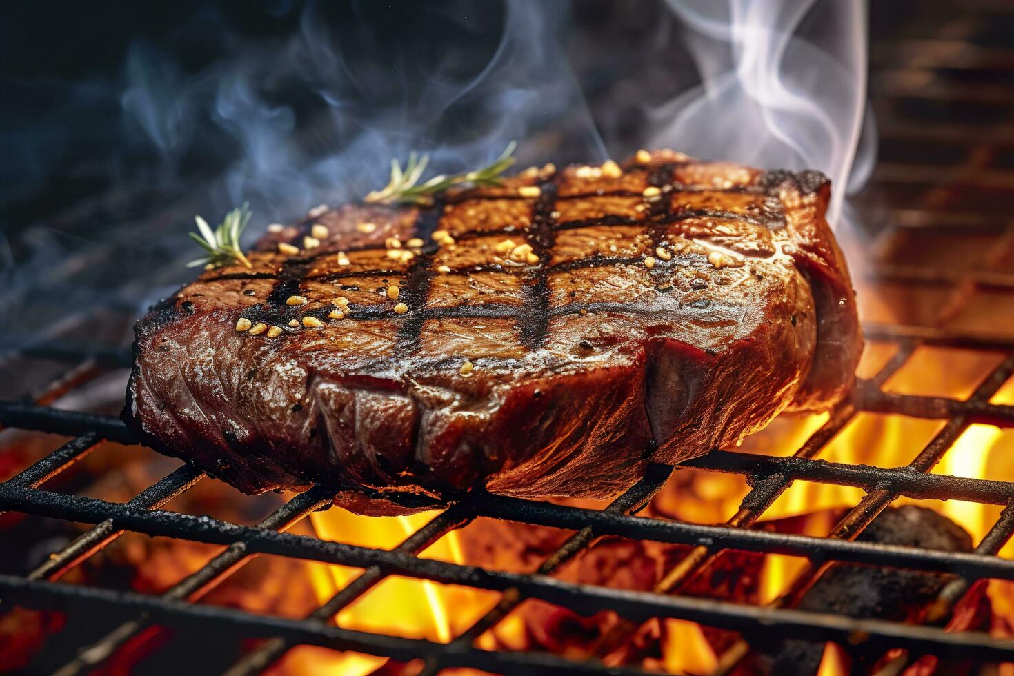 AI generated Meat grilling on a charcoal grill with smoke rising. AI Generated photo