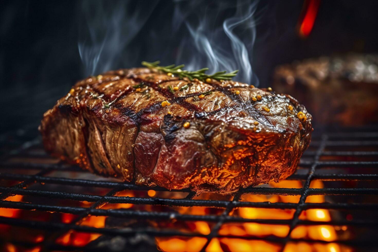 AI generated Meat grilling on a charcoal grill with smoke rising. AI Generated photo