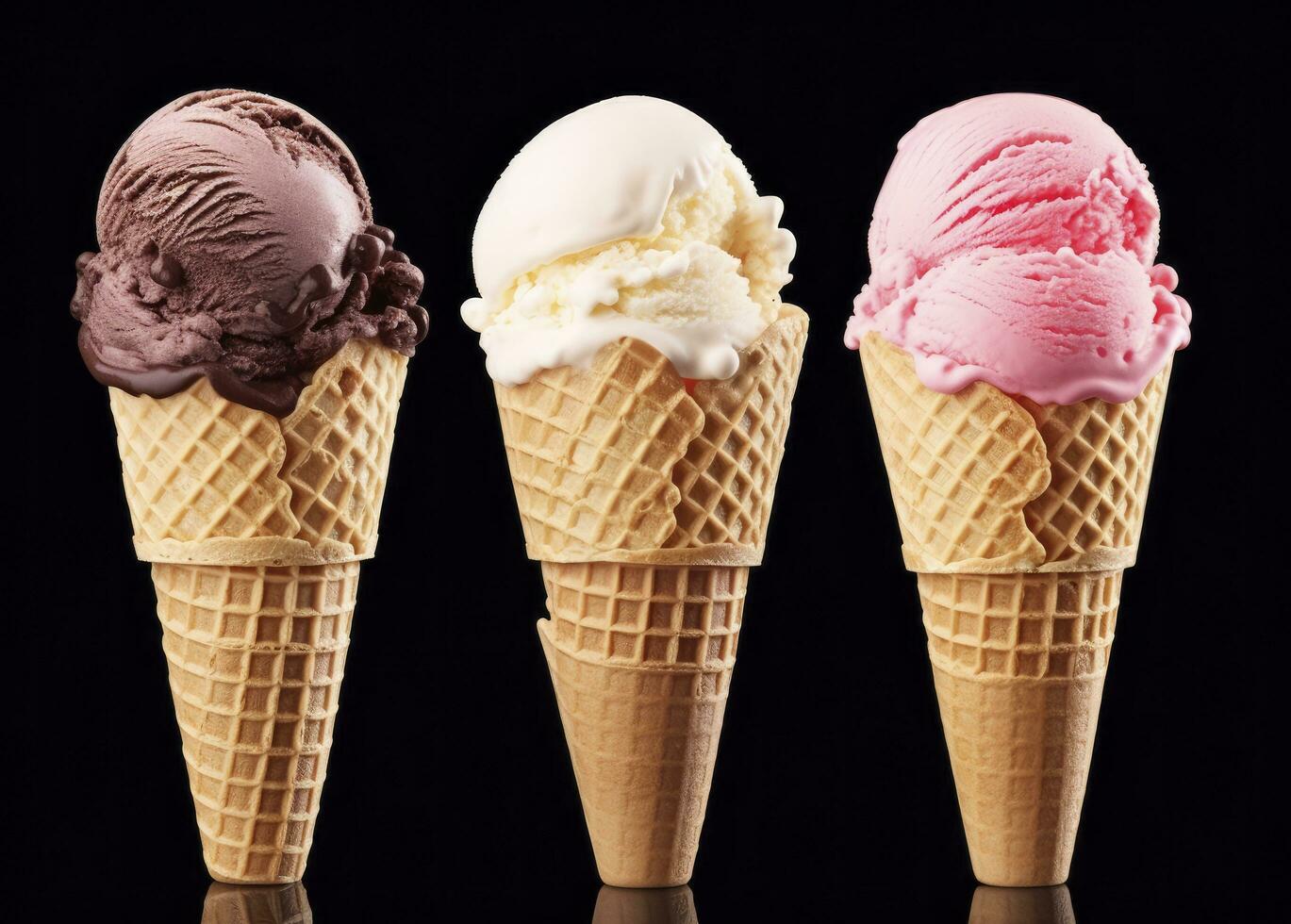 AI generated Chocolate, vanilla and strawberry Ice cream in the cone on white background. AI Generated photo